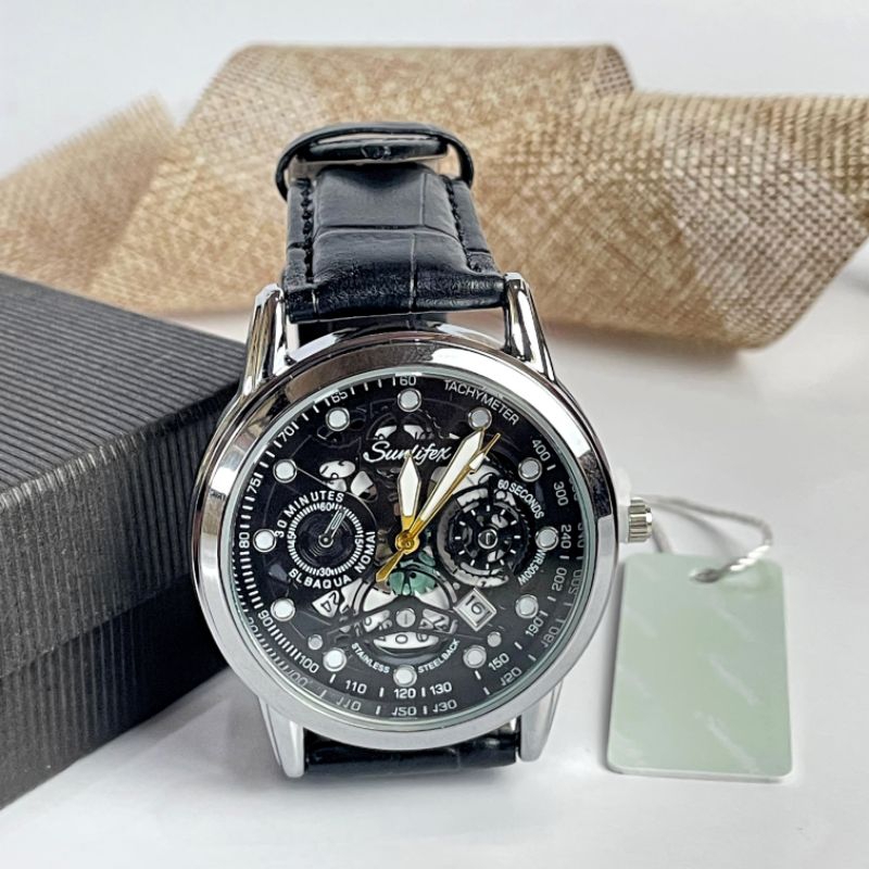 Jam Tangan Pria Premium Original Tali Kulit Casual Santai Bisnis Warna Hitam-Silver