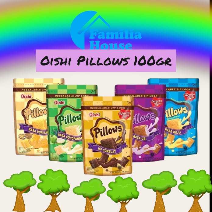 

Oishi Pillows 100 Gram | Party Size Snack 100g Rasa Cocopandan Cokelat Coklat Durian Keju Ubi