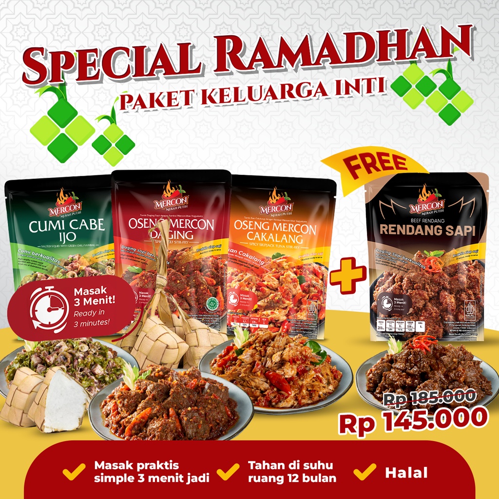 

Termurah BONUS RENDANG SAPI Mercon Merah Putih Trio Mercon Oseng Daging Cakalang Cumi Cabe Ijo