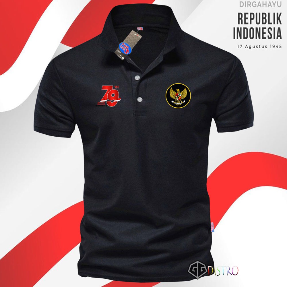 T-SHIRT POLO - Kaos Polo Kerah Lengan Pendek Kemerdekaan Garuda Bulat 01 HUT-RI KE 79 Tahun - 01 Pri