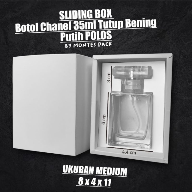 

Sliding Box Botol chanel 35ml / SLIDE BOX botol chanel 30ml tutup bening / Polos putih
