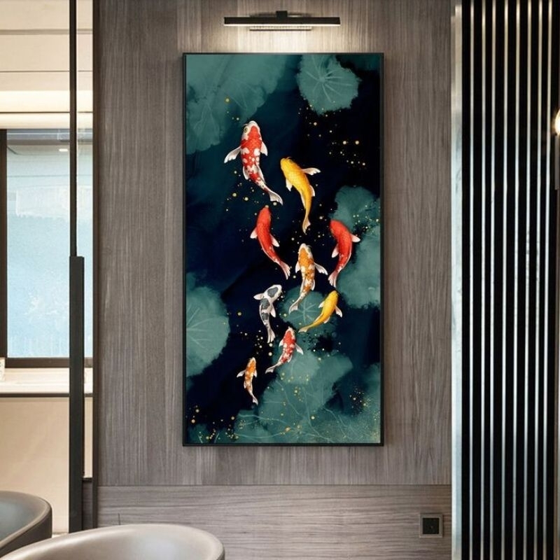lukisan ikan koi fengsui teknik tektur palet tebal dekorasi dinding hiasan rumah modern art