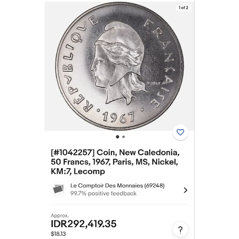 Uang Kuno Koin New Caledonia 50 Francs tahun 1967