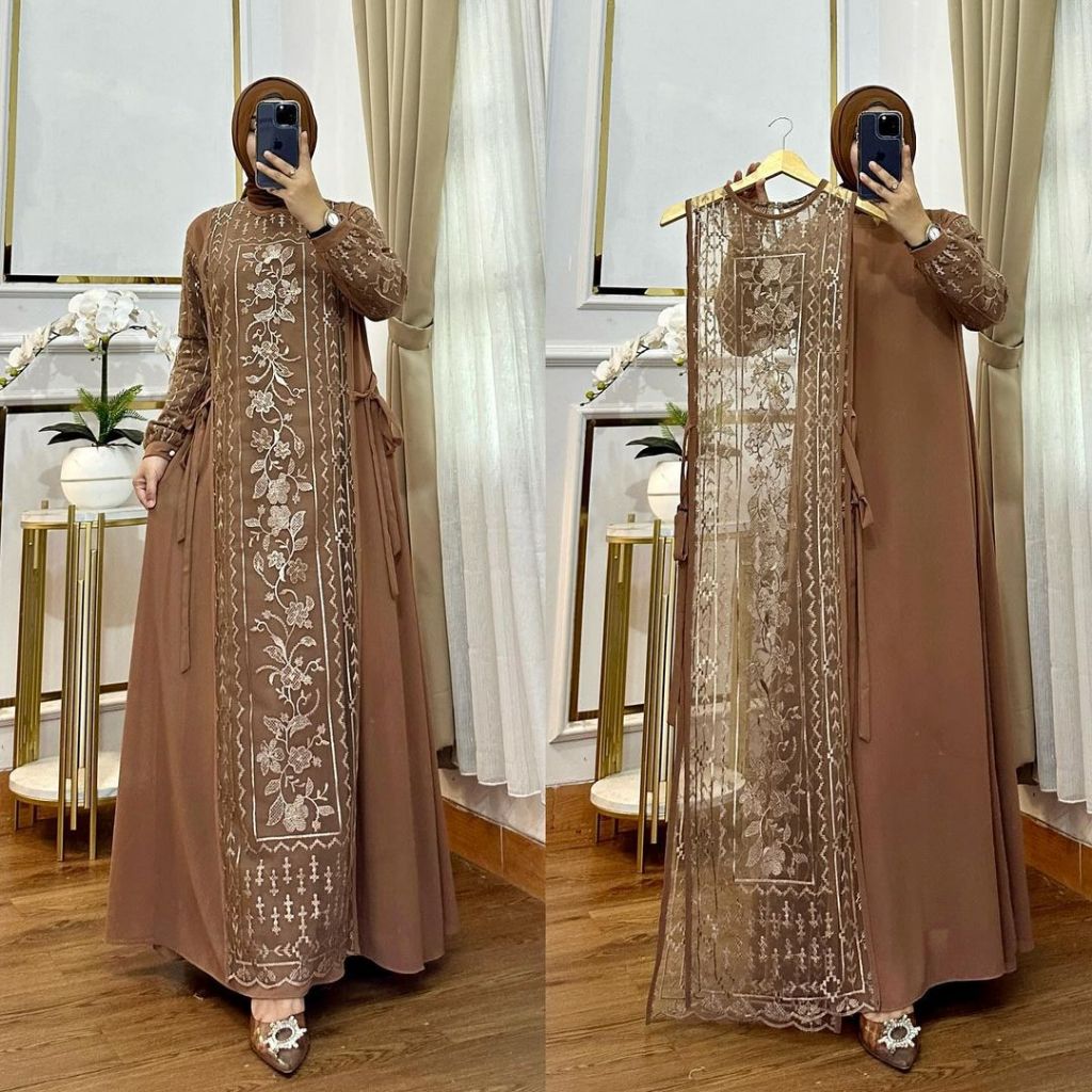 Gamis Rompi terpisah panjang ceruty babydoll Gamis brokat tile wanita terbaru 2024 kekinian mewah el