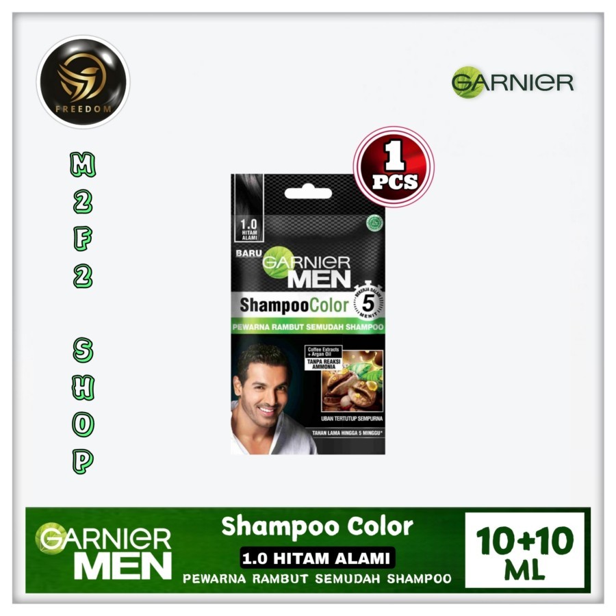 Garnier Men Shampoo Color 1.0 Natural Black | Pewarna Rambut Semudah Shampo Hitam Alami Sachet - 10 
