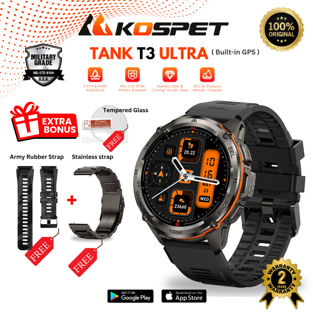 KOSPET TANK T3 Ultra Amoled Military Smartwatch | GPS BAROMETER ALTIMETER COMPASS 5 ATM WATERPROOF