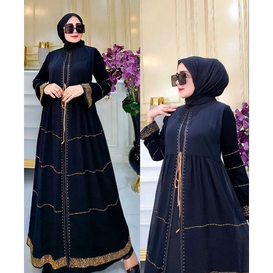 XC26619 GAMIS ABAYA TURKEY TERBARU ABAYA HITAM DUBAI REMPEL AQILA PAYET GOLD JUBAH UMROH GAMIS MUSLI