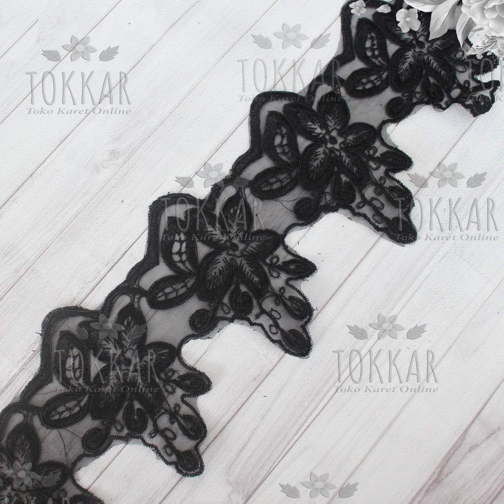 (Per Meter) RDT363 Renda Bordir Tile Hitam Motif Cantik Lebar 15Cm