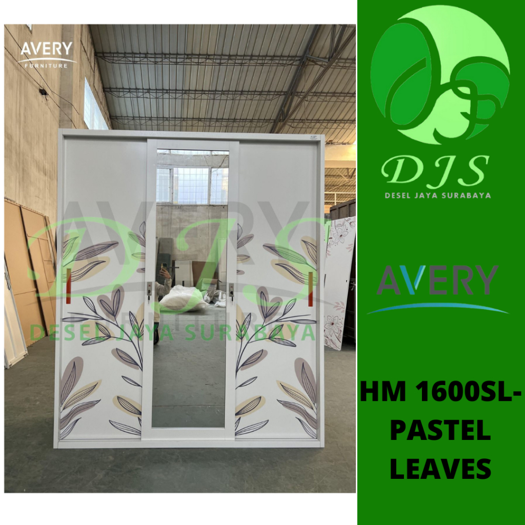 Lemari Baju Besi Sliding - Lemari Baju 3 Pintu Pastel Leaves - Lemari Baju Besi - Lemari sliding Baj