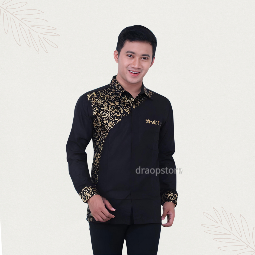 Baju Koko Pria Draopstore Lengan Panjang Motif Terbaru Kombinasi Batik Kemeja Cowo Modern 2024