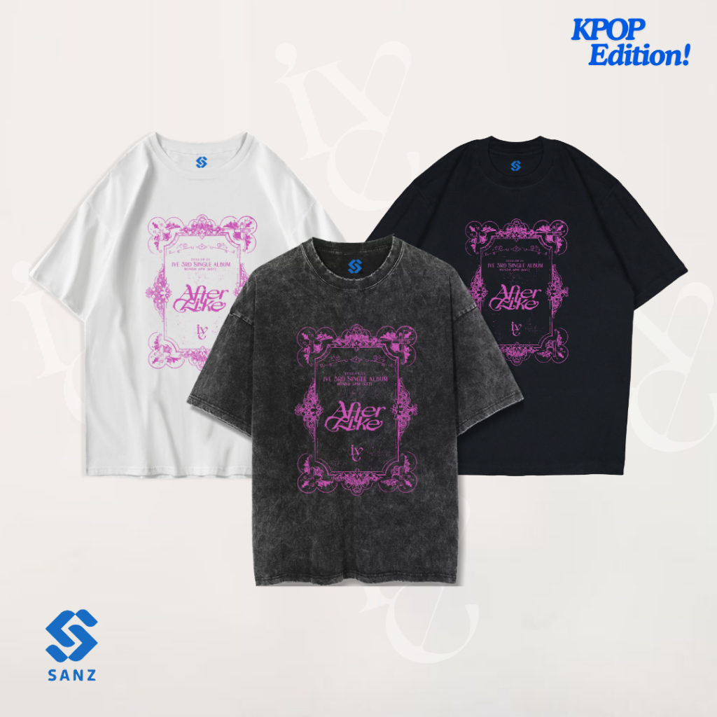SANZ kaos kpop IVE oversize & slimfit stonewash washed tshirt black white longsleeve IVE-5