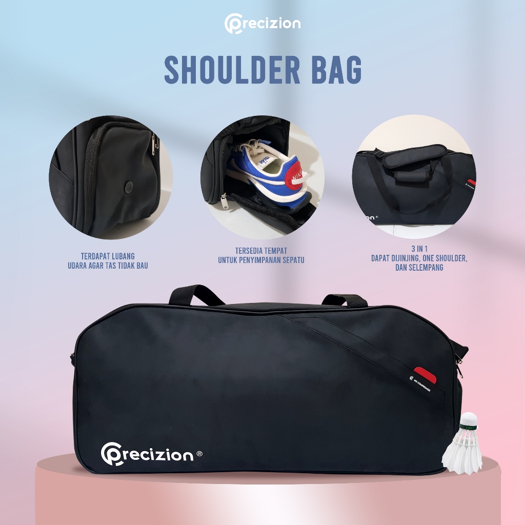 Precizion - TAS SELEMPANG BESAR [FULL HITAM] BADMINTON RAKET BULU TANGKIS Premium [ADA TEMPAT SEPATU