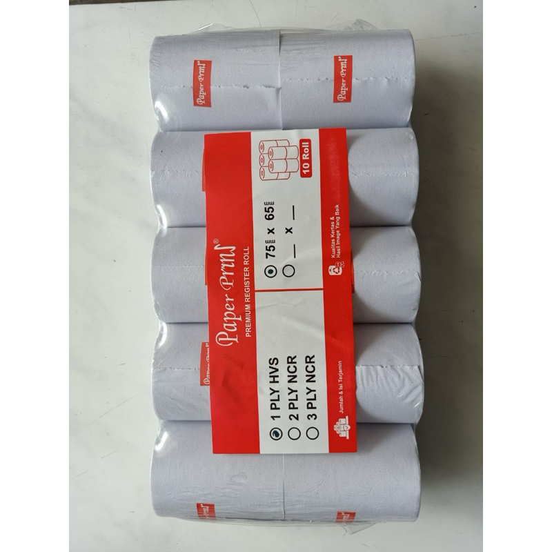 

KERTAS PRINT STRUK KASIR ROLL 75x65mm -1 PLY HVS, 2 PLY NXR 3 PLY NCR