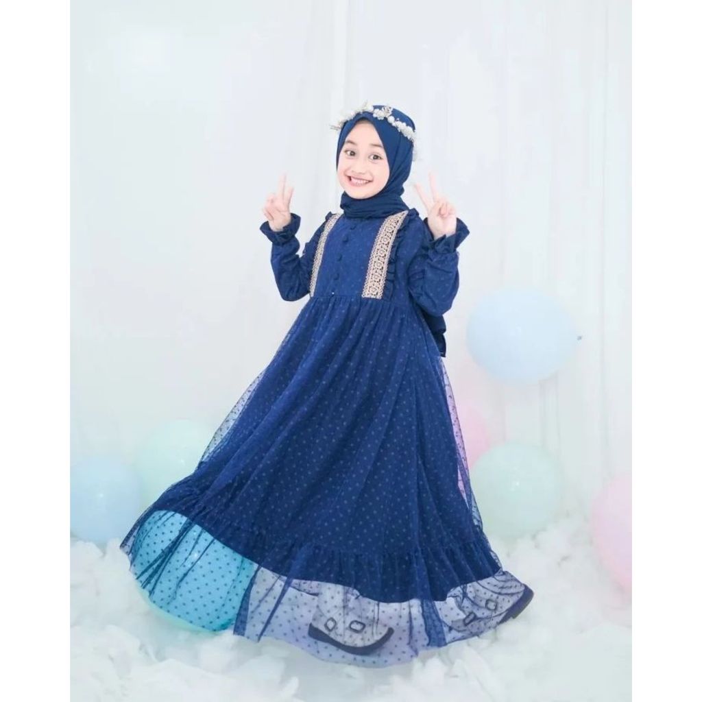 Liana Kids Dress 5-8 Tahun Gamis Crinkle Mix Tile Dot Anak Perempuan Pesta Set Pashmina Model Kekini