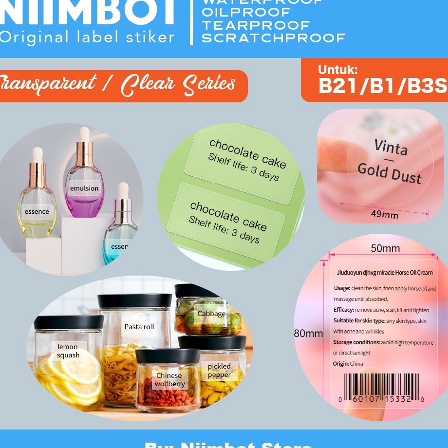 

Thermal Label Stiker Niimbot B21 B1 B3S Sticker Refill Label Clear Bening Transparent