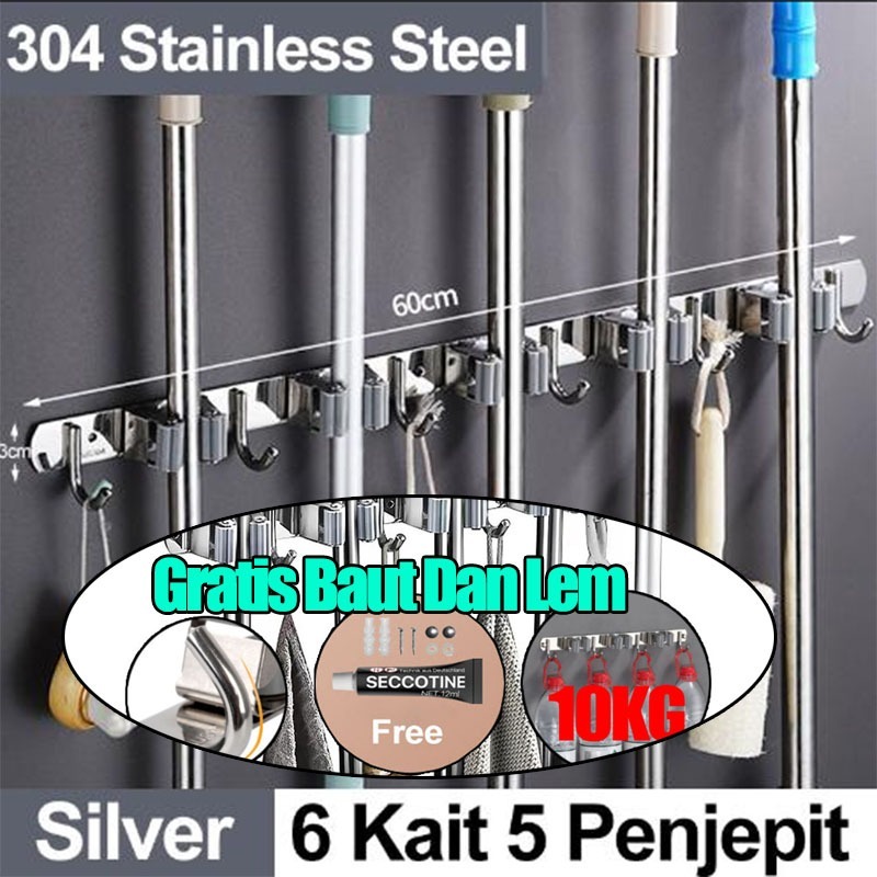 Anbolt-Toko bendera Gantungan Sapu Pel Stainless Steel / Mop Holder Dengan Hook / Rak Pel 5 Kait 4 P