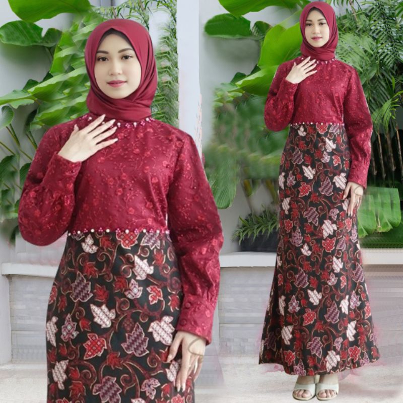 MAXI PEPAYA M-L-XL / GAMIS BRUKAT TILE MUTIARA / GAMIS BRUKAT KOMBINASI BATIK / GOOD QUALITY