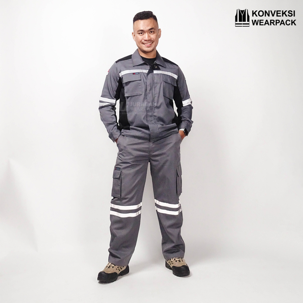 Wearpack Safety Setelan Atasan Warna Abu Hitam Bawahan Celana Warna Abu