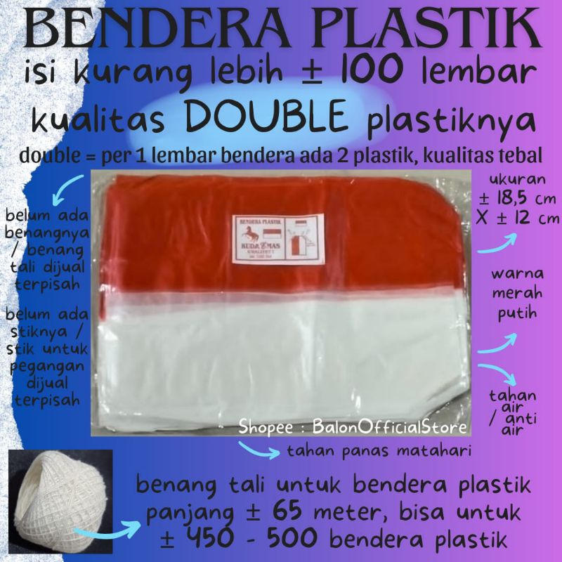 DIRGAHAYU BENDERA bahan plastik belum termasuk tali Bendera Plastik merah putih ukuran ± 18,5 x 12 c