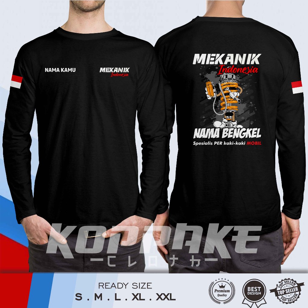 Kaos Mekanik Indonesia Spesialis Per Kaki-kaki Mobil Gratis Nama Kamu dan Nama Bengkel Lengan Panjan