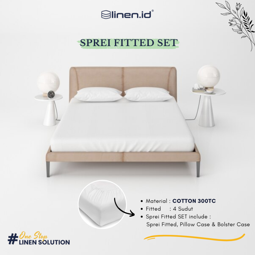 [Sprei Set] Fitted Sheet Putih Polos Cotton 300TC Dengan Karet