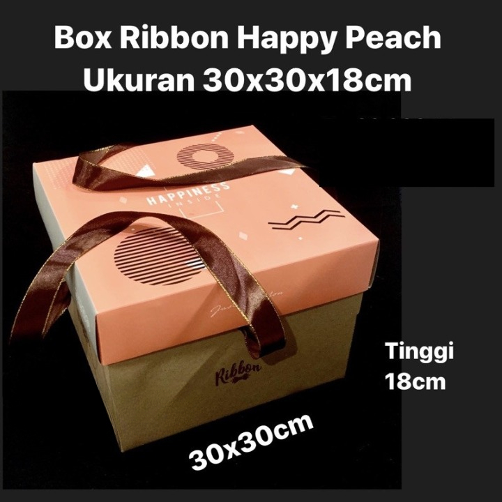 

( 5 pcs ) Box Hampers Kue Motif Ribbon Happy Peach Ukuran 30x30x18 cm Dus Packagaing Kue Tart