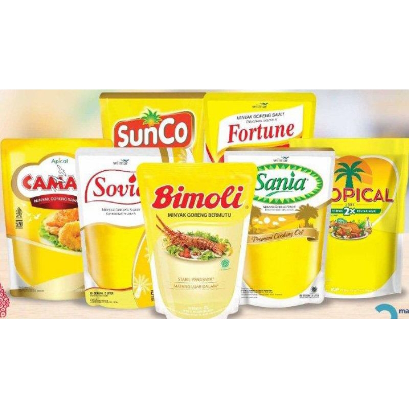 

Minyak goreng 2 liter, Sunco, Sania, Sovia, Camar, Fortune, Tropical, Bimoli