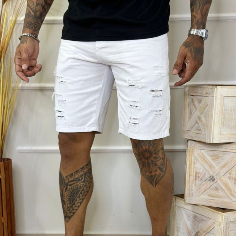 Celana jeans pendek sobek pria putih size jumbo jeans putih