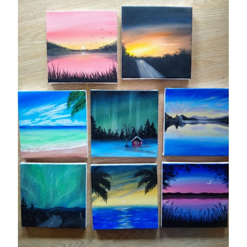 20x20 Lukisan Kanvas Asli Handmade Pemandangan Simple Sunset Malam Pegununungan Murah