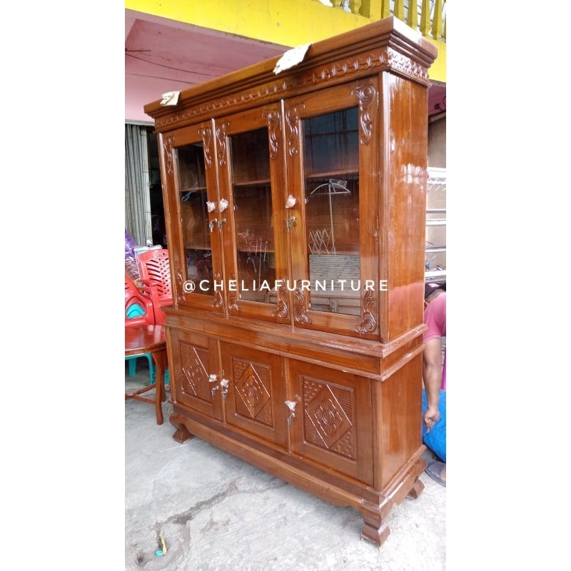 Lemari Buku Rak Buku Pajangan Kayu Jati 3 Pintu