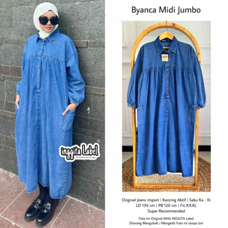 Byanca Midi Dress Maxy Gamis Jeans Jumbo Ld 130 Oversize Fit XXXL Busui Kancing By Inggita