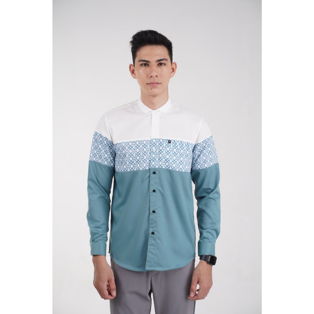 BAJU KOKO PRIA MODERN FADKHERA AHRAR LENGAN PANJANG TOSCA WHITE BIRU PUTIH