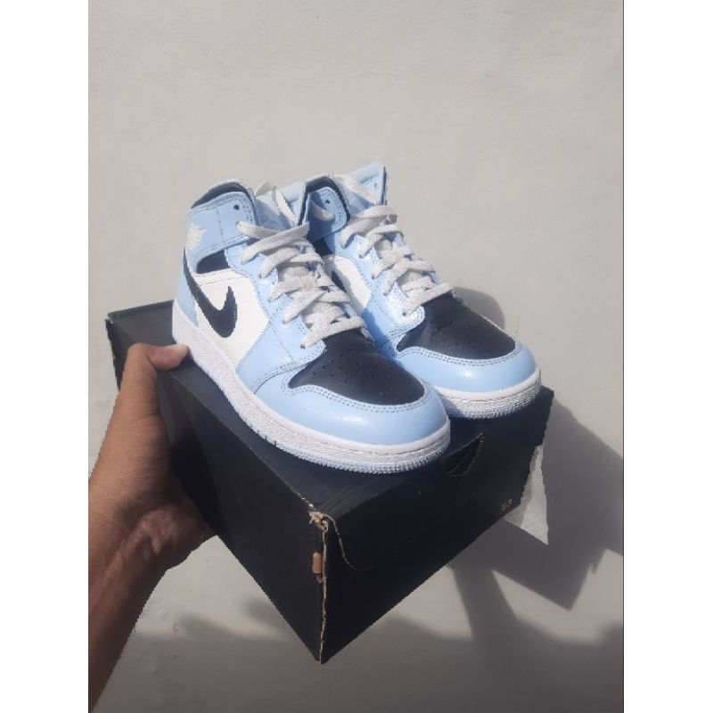 SEPATU SNEAKERS SECOND AIR JORDAN 1 MID ICE BLUE GS 555112 401 SIZE 38 ORIGINAL