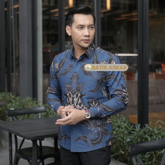 Askar Batik Motif Hanasta Baju Kemeja Batik Pria Slim Fit Heem Lengan Panjang Modern Warna Biru Deni