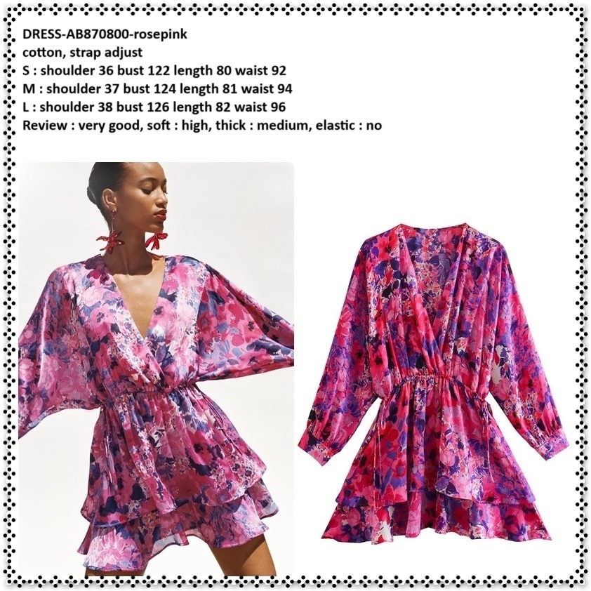 AB870800 Retro Layer Mini Dress Pesta Lengan Panjang Bunga Pink Fuschia Wanita Korea Import Oversize