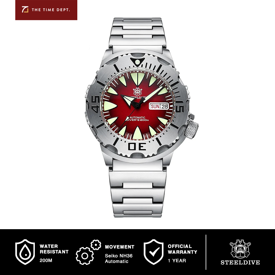 Steeldive SD1984 Monster Red Seiko NH36 Automatic Movement Jam Tangan Diver Pria DayDate Kaca Safir 