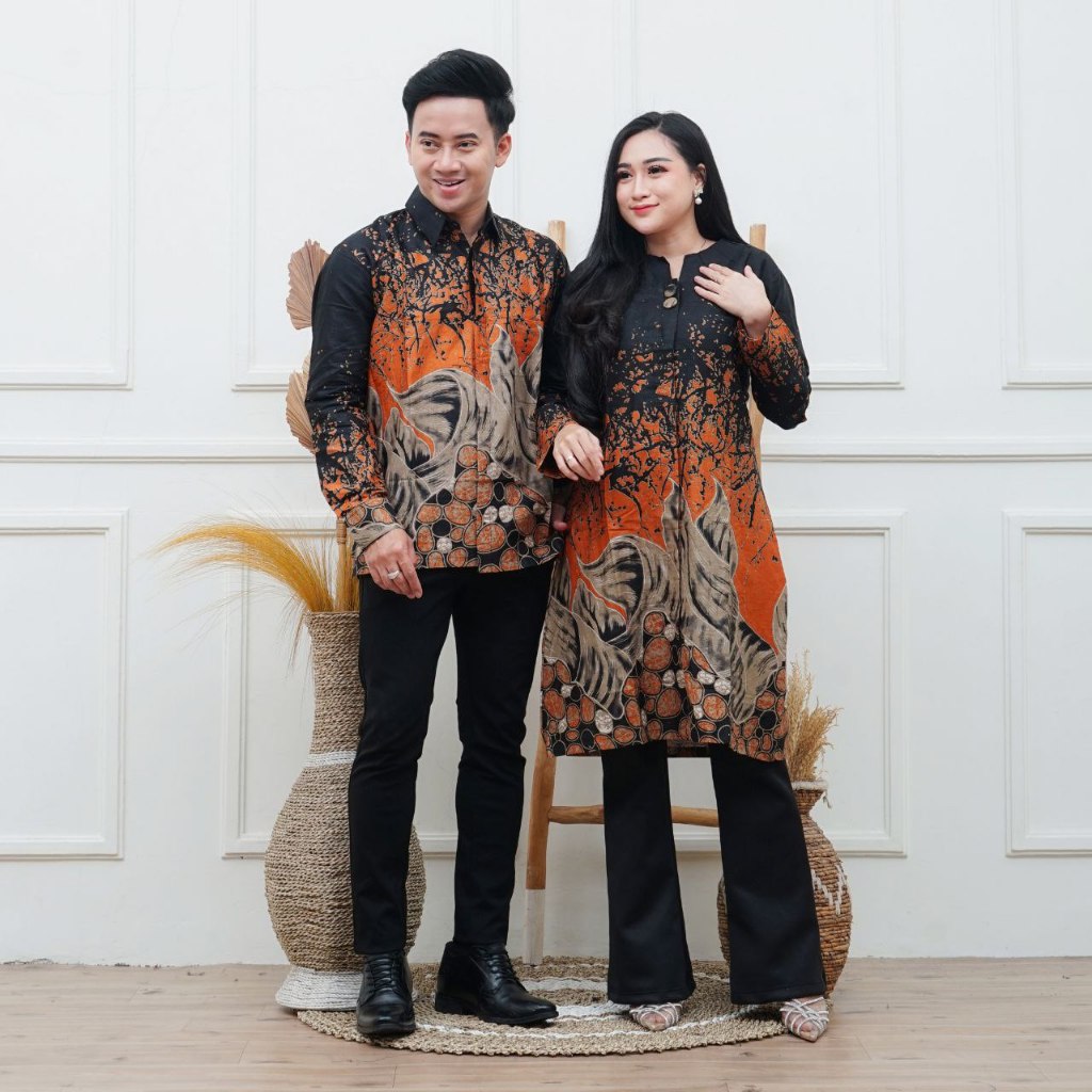 Couple Batik Lengan Panjang Atasan Kantor Motif DAUN KELOR ORANGE TERBARU Couple Batik Pria & Wanita