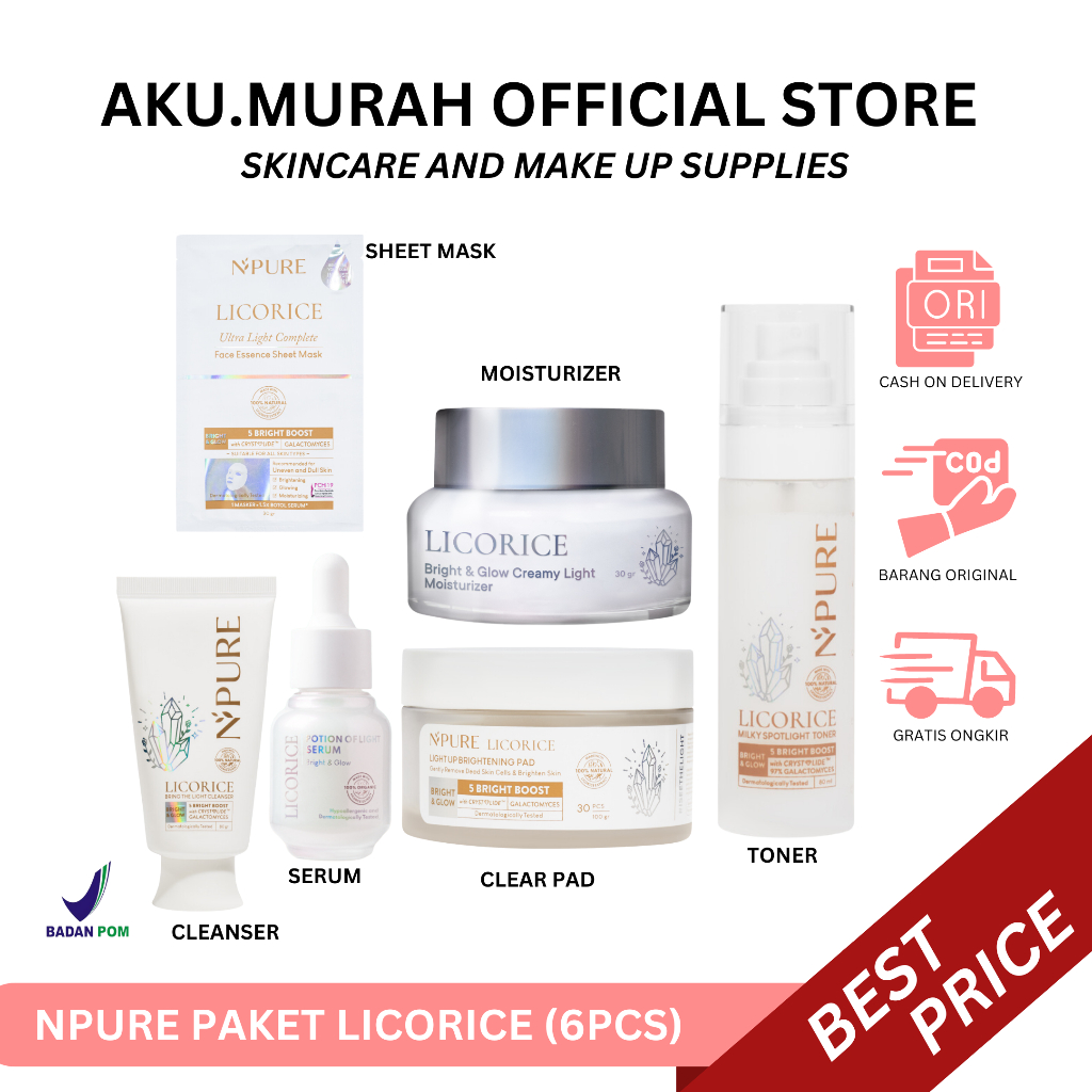 NPURE LICORICE PAKET LENGKAP ISI 6 PCS  [CLEANSER, PAD, MOIST, SERUM, TONER, SHEET MASK ]