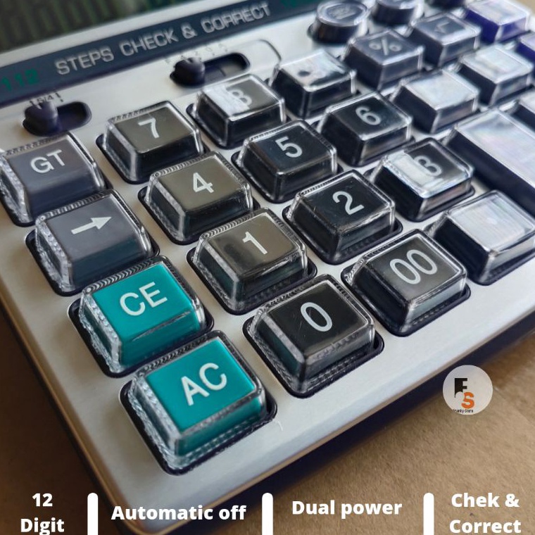 

KODE E17N Kalkulator Calculator Dekstop Meja Dagang 12 Digit Tombol Transparan Mika Awet Bagus Layar Terang Angka Besar Fitur Chek Ulang