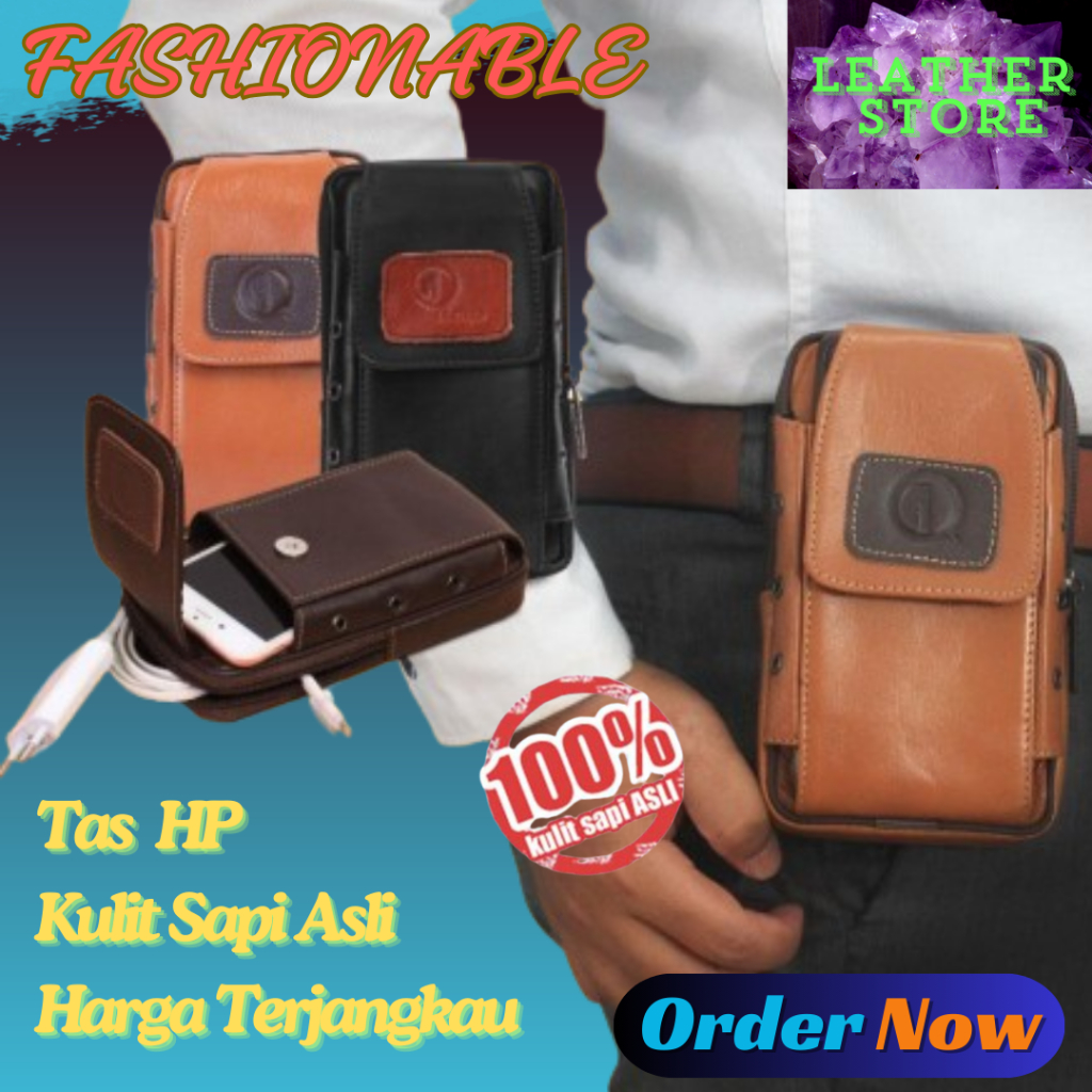 Tas Pinggang Pria Kulit Sapi Original Leather Waist Bag Dompet Hp Kulit Sapi Asli Pria Trendy Keren