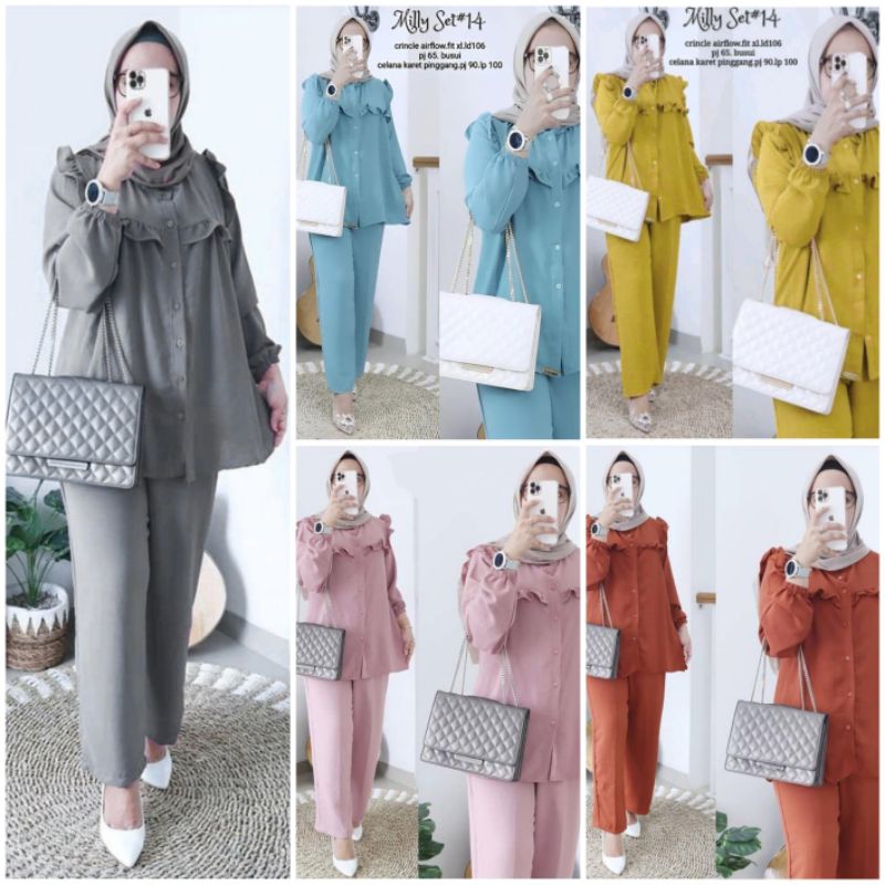 One Set Mily Crincle Airflow Baju Setelan Wanita Cringkle Polos Rempel Dada