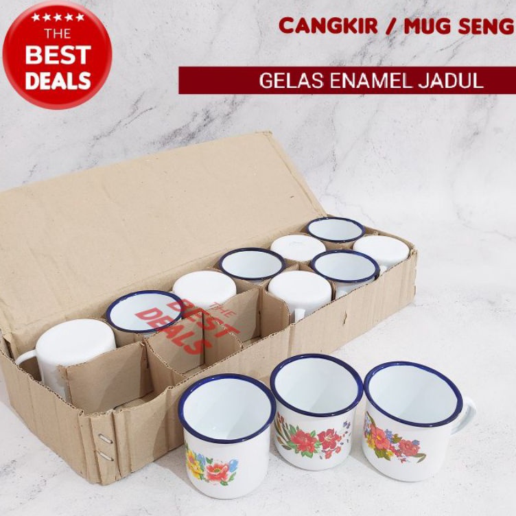 1 LUSIN GELAS KOPI  TEH ENAMEL MOTIF BUNGA JADUL  CANGKIR ENAMEL JADUL SUPER MURAH KODE U3W9