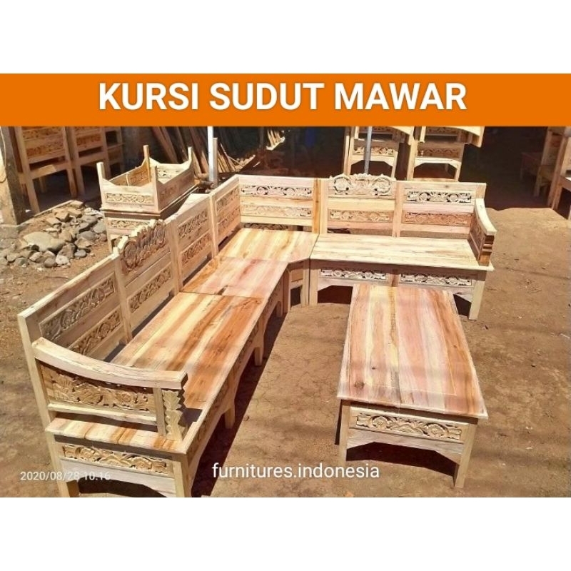 kursi sudut mawar mahoni / kursi tamu ukir / kursi tamu L ukiran jepara / kursi sudut L kayu mahoni 