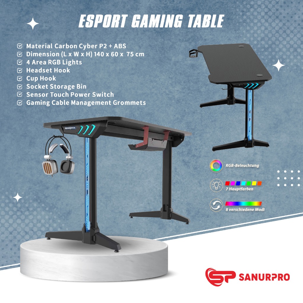 Gaming Desk For PC With Light Gamer Table Pro Table Gaming Set Meja Gaming Lampu RGB
