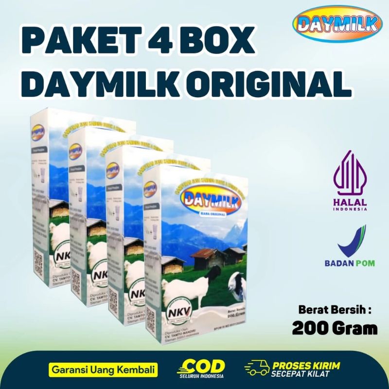 

[PAKET 4 BOX] Susu Daymilk 200 Gram Susu Kambing Bubuk Etawa Susu Bubuk Kambing Daymilk Isi 200 Gram