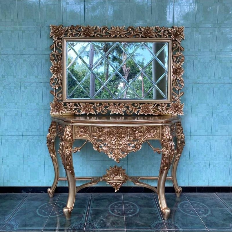 Set meja konsul ukir kayu jati meja rias ukir kayu jati cermin ukir jati