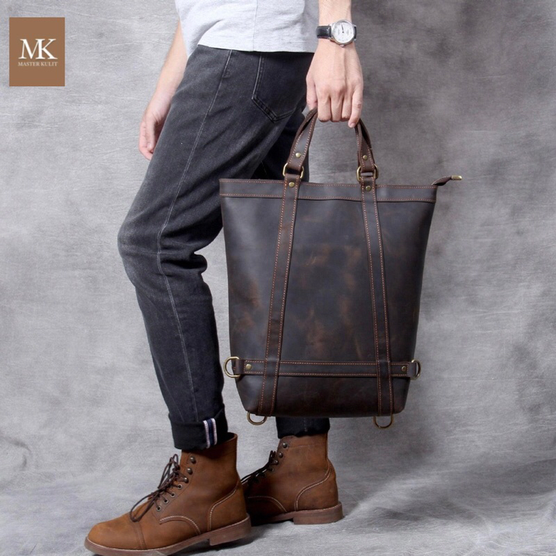 Leather Tote Bag Full Kulit Asli Multifungsi Tas Slempang Tas Ransel Pria Wanita Mk.73