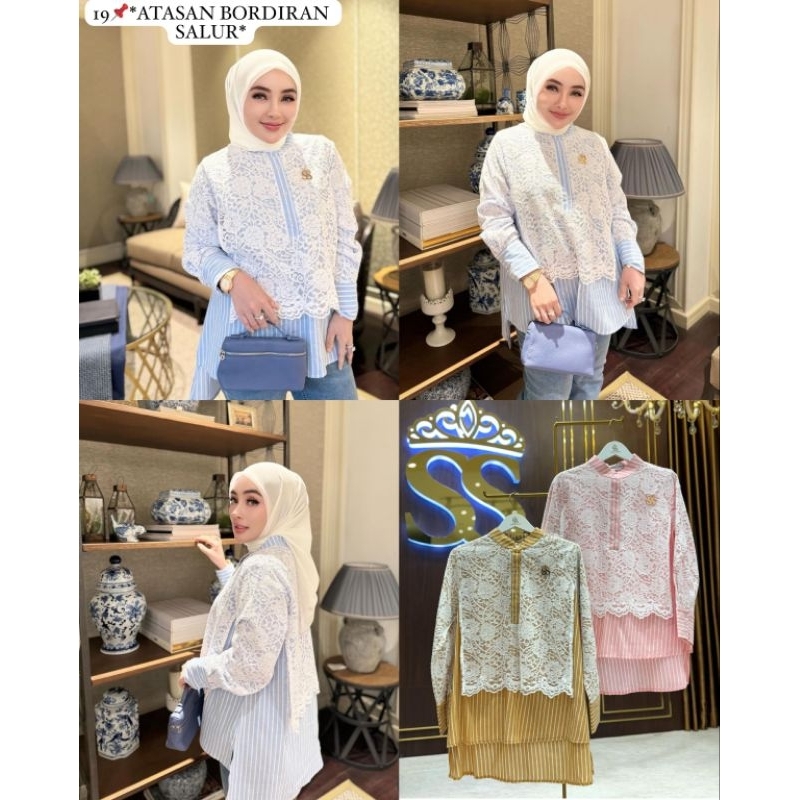 Shellasaukia Baju Atasan Bordiran Import Salur Terbaru Kemeja Lucu Biru Pink Blouse Murah Berkualita
