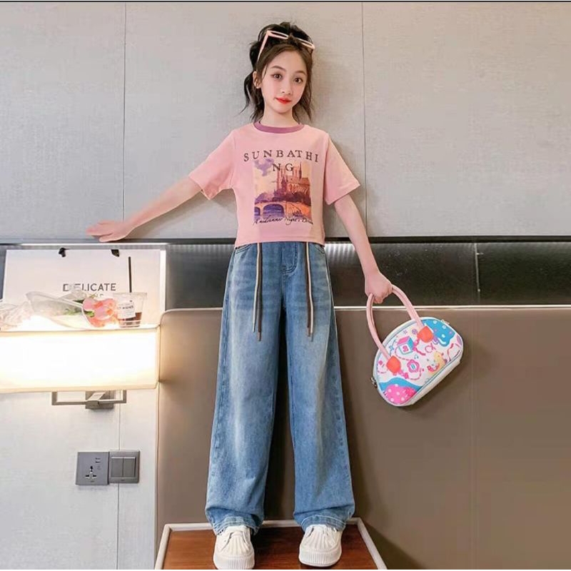 NEW ARRIVAL ONESET SETELAN CELANA KULOT JEANS + ATASAN CROP IMPORT SUPER PREMIUM ANAK CEWE USIA 5 6 