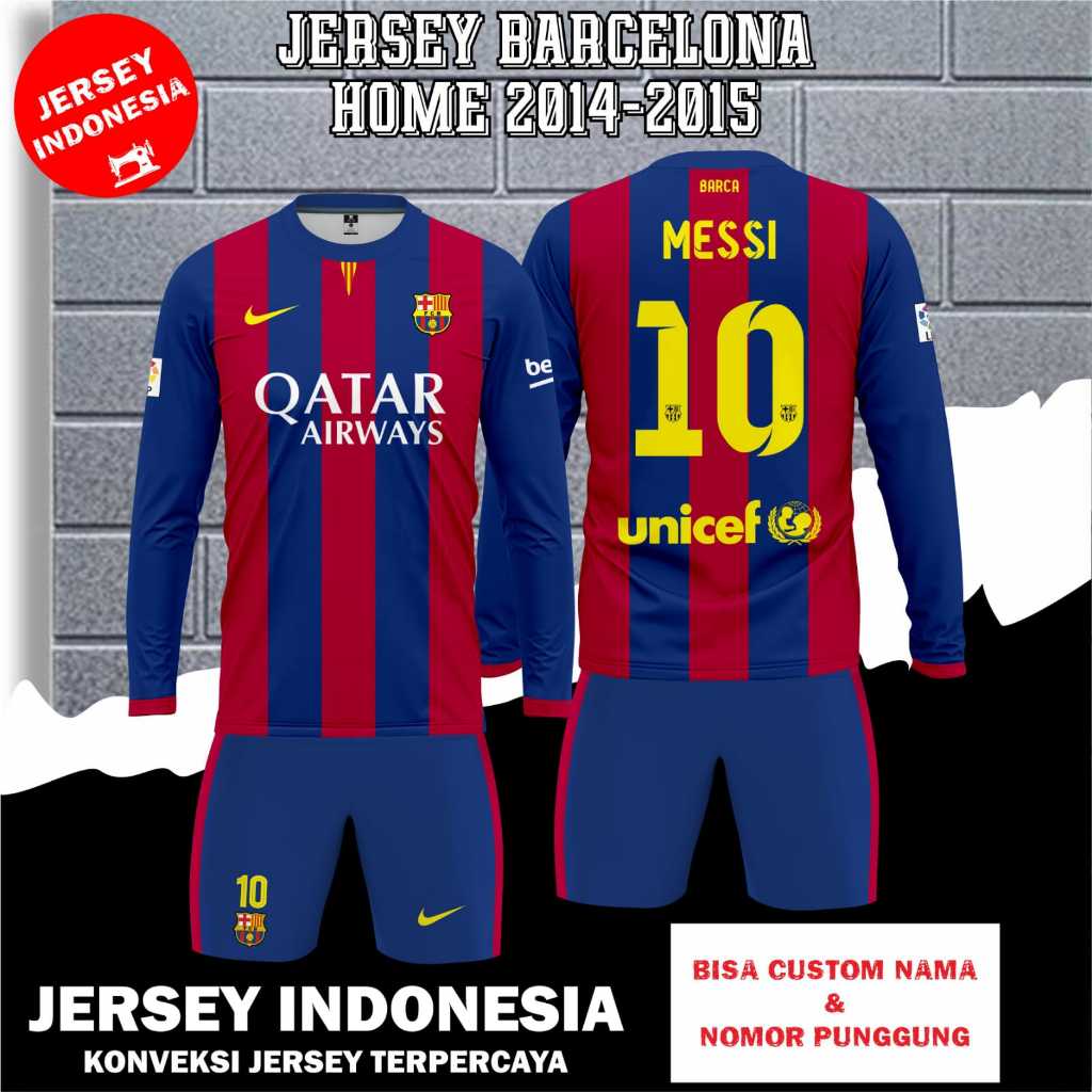 Jersey Klub BARCELONA HOME 2014 2015 Lengan Panjang MESSI: Setelan Jersey BARCA Retro - Liga Champio